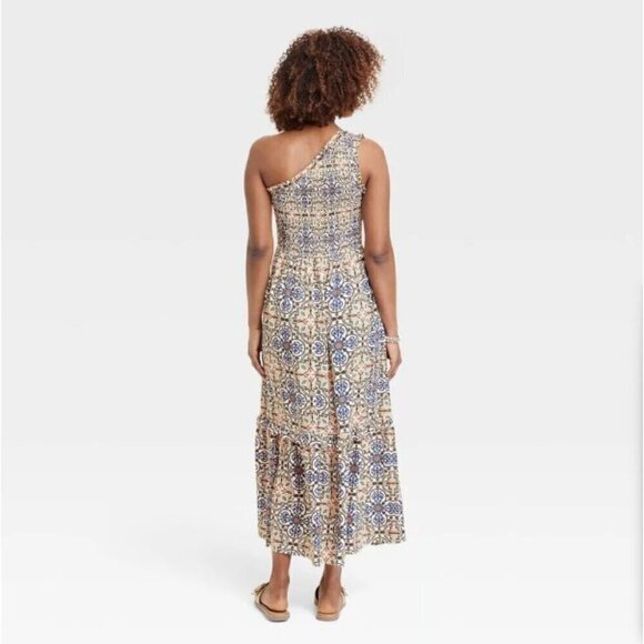 Knox Rose Women's XXL One Shoulder A-Line Maxi Dress Asymmetrical Sundress Tan - Picture 2 of 5